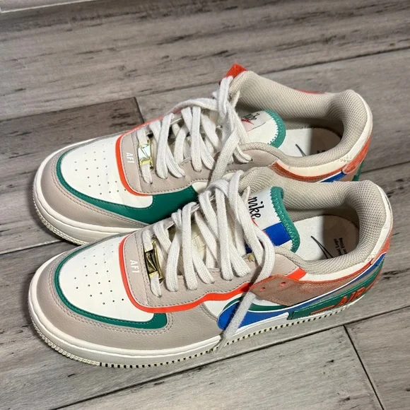 Nike Women Air Force 1 Low Sneakers - White, Green, Orange - Picture 5 of 12